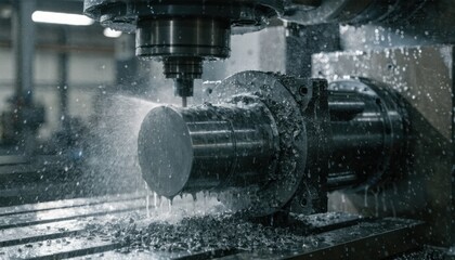 Fototapeta premium Industrial gearbox cast housing undergoing careful machining on a horizontal mill showcasing the delicate balance of coolant mist and metal chips during the facing process.