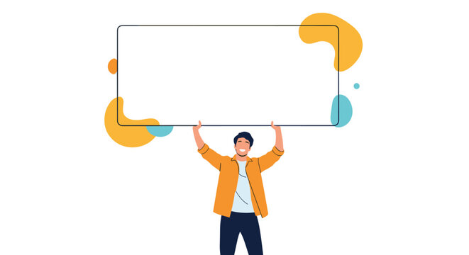 Happy young man lifting a large empty white rectangular frame over his head with vibrant abstract shapes decorating the white background.