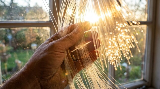 Hand holding bundle of optical fibers illuminated by bright sunlight through a window