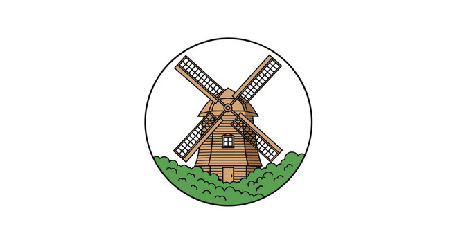 Traditional wooden windmill icon placed inside a circular frame and surrounded by green foliage on a minimalist white background.