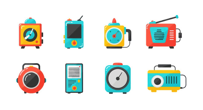 Collection of colorful vintage electronic devices
