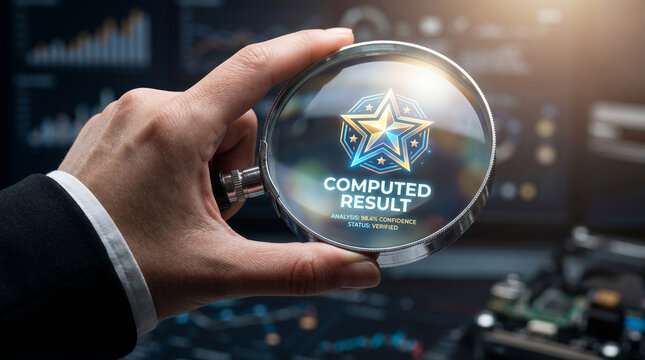 Ai inference result verified through magnifying lens in hand, digital star icon on blurred screen