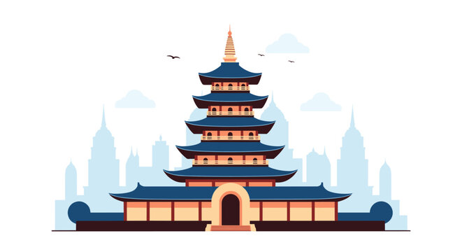 Beautiful multi story traditional pagoda temple set against a modern city skyline backdrop illustrating cultural heritage and travel.