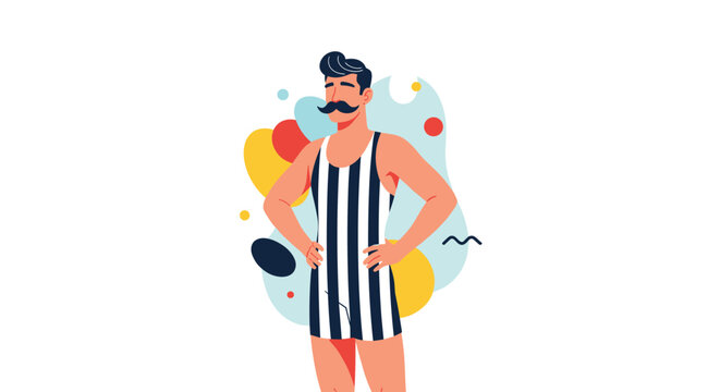 Strong man with a large mustache wearing a classic black and white striped vintage one-piece swimsuit.
