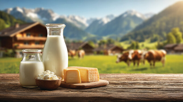 Fresh organic dairy products on a rustic wooden table with cows, pasture and mountains in background