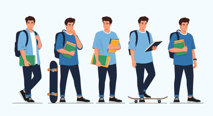 Obraz premium Group of five male students in blue shirts and jeans holding books and skateboards in various poses.