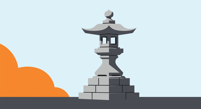 Traditional japanese stone lantern called ishidoro standing on a stone base against a light blue sky background.