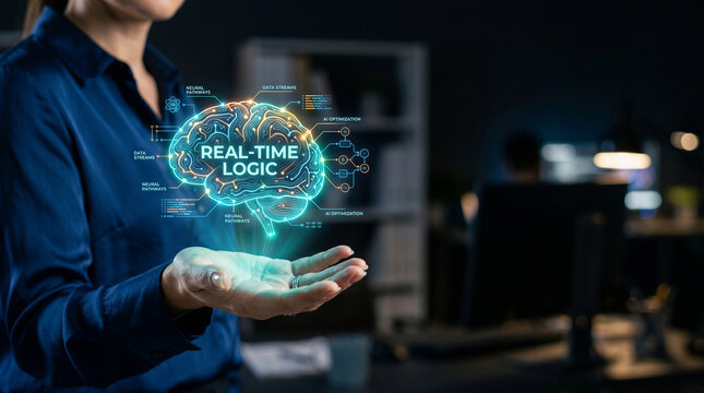 Real time logic ai inference digital brain hologram in open hand
