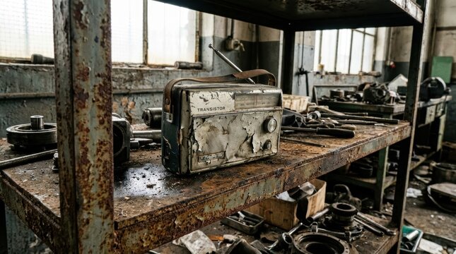 An old worn transistor radio rests on a dusty rusty shelf in an abandoned workshop