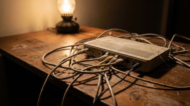 Dusty old internet router with tangled cables on a wooden table next to a vintage lamp
