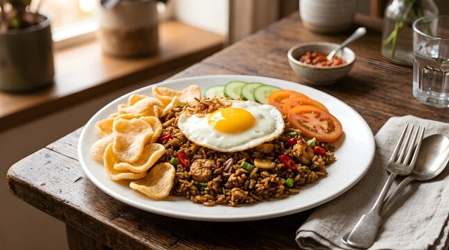 Delicious plate of Indonesian fried rice served with a fried egg and prawn crackers on a wooden table