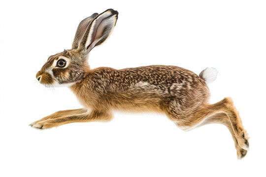 European hare running fast in profile isolated on a white background