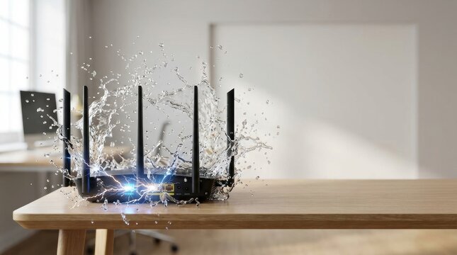 A wireless router on a wooden table is splashed with water and sparks fly from its ports