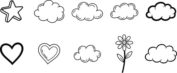 Obraz premium Hand drawn vector icons stars hearts flowers and clouds simple graphics