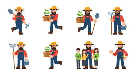 Fototapeta premium Large collection of farmer characters in various activities including gardening, carrying produce, and spending time with family.