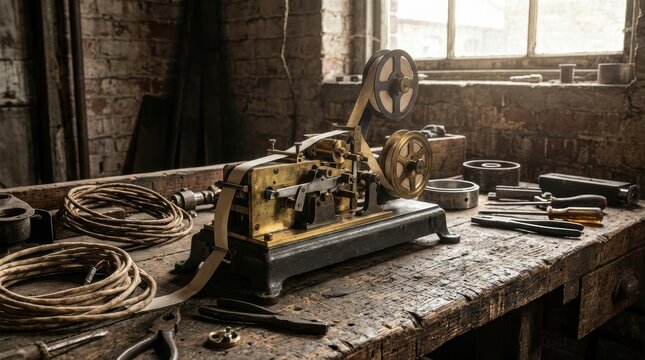 Antique brass telegraph machine with spools of paper tape on a wooden workbench