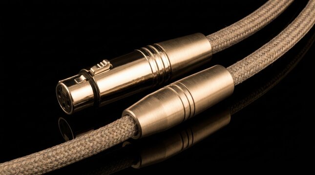 Close up of two golden XLR audio cables with woven cords against a black surface