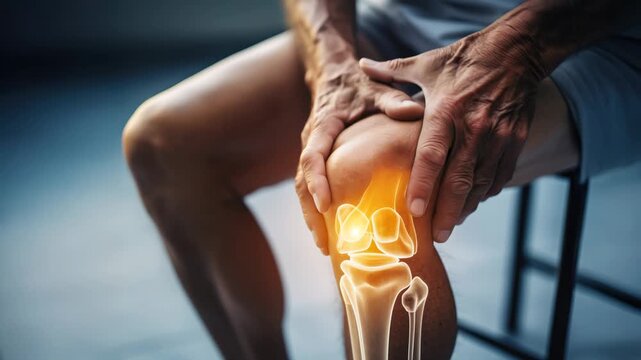 An elderly person with joint pain shows glowing skeletal bone anatomy of the knee, arthritis and inflammation, close up x-ray effect
