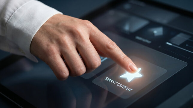 Ai inference on smart panel with finger touch and glowing icon for digital control and interface