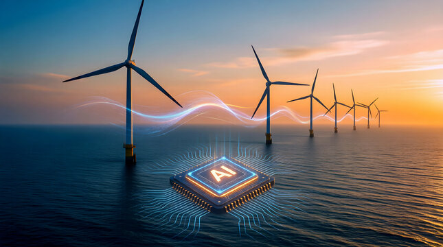 AI wind farm wake optimization cinematic offshore hero for renewable energy whitepaper, machine learning turbine yield maximization, enterprise wind portfolio briefing