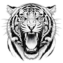Fototapeta premium A black and white illustration of a tigers head with its mouth open, isolated on white background