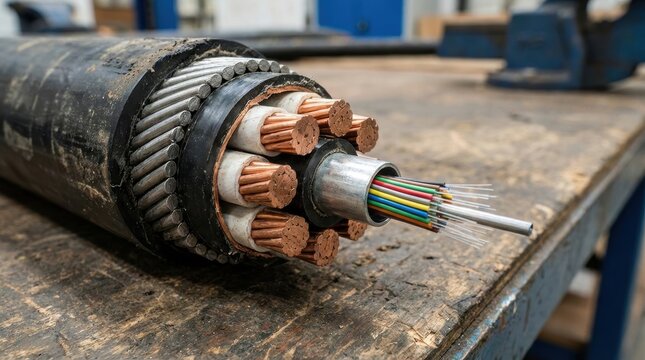 Cross section of a heavy duty power cable with multiple insulated copper conductors