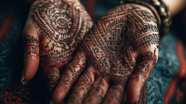 Close up of intricately decorated hands with henna patterns in soft lighting