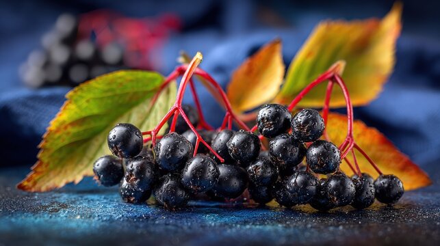 Close up of ripe elderberries with colorful leaves against textured background