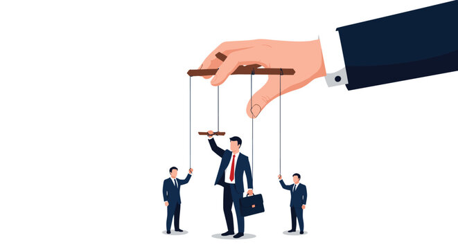 Giant hand controls small business figures like puppets with strings, illustrating manipulation, corporate power, and a lack of autonomy.