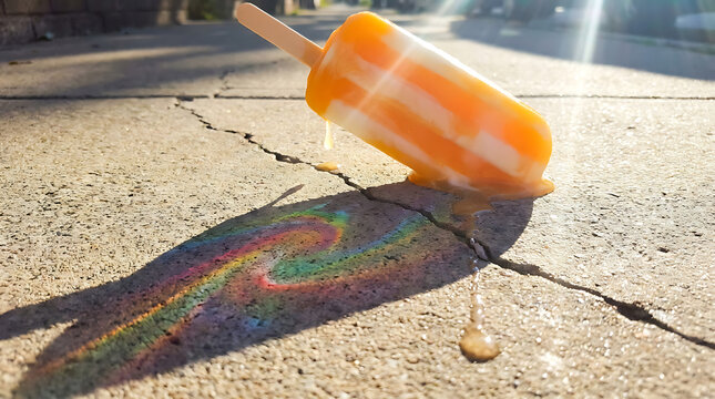 A melting orange and cream popsicle lies on cracked concrete pavement, casting a rainbow shadow in the warm summer sunlight.