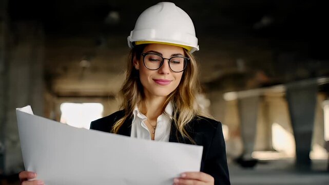 Female diversity. Human rights, equal opportunity concept. A portrait of a woman wearing a white hard hat with a yellow visor, blackframed glasses, and a white blouse. She holds a large.