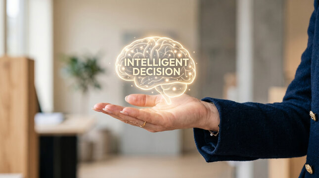 Ai inference hand holding glowing brain concept in modern office space