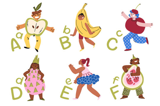 Poster with people in fruit costumes from A to F, costume party, fun alphabet, character apple, banana, cherry, dragonfruit, elderberry, fig
