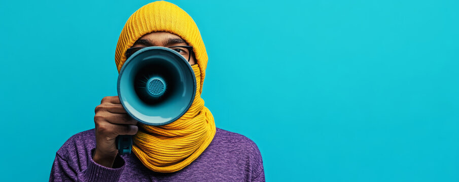  person holding up a megaphone with their face covered by the speake