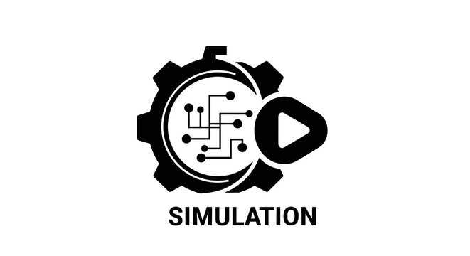 Black simulation icon with gear.