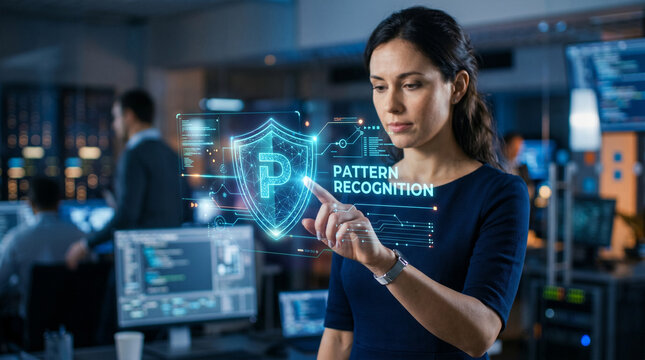 Ai inference cyber security woman touching digital shield in modern office