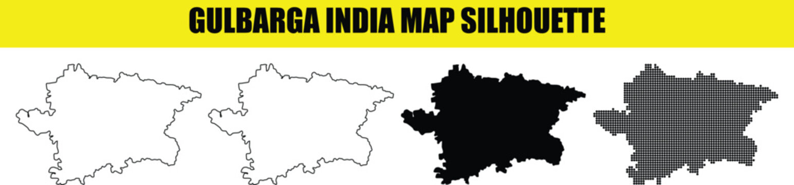 Gulbarga india map silhouette, black and white outline, solid shape, and dotted vector illustration.