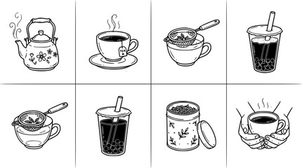 Obraz premium Kawaii line art tea and coffee collection for beverage lovers.