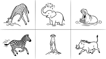 Obraz premium Safari African Animals Line Art Sketch Set Giraffe Elephant Hippo Zebra Meerkat Warthog
