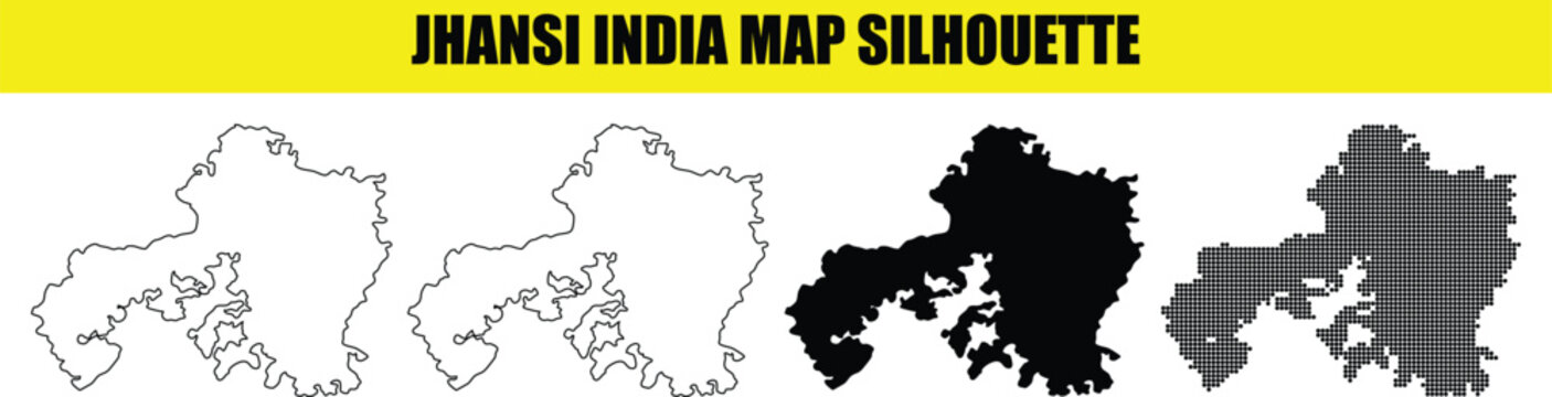 Jhansi india map silhouette, black and white outline, solid shape, and dotted vector illustration.