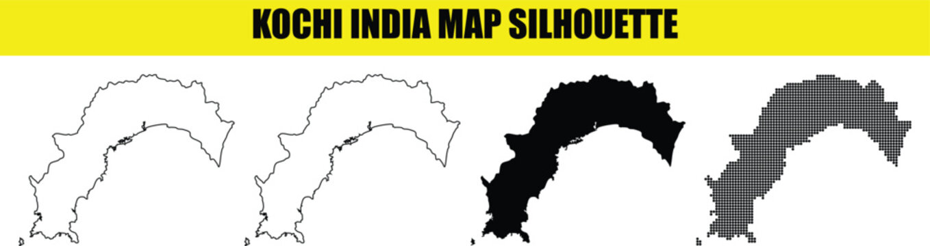 Kochi city map silhouette collection featuring regional boundaries and outlined shapes in four distinct design styles.