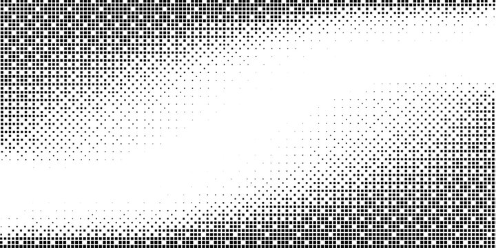 Check halftone texture background. Diamond dot faded gradation wallpaper. Black and white squared pixels. Abstract glitchy 8 bit video game backdrop. Vector comic bitmap dither screen tone overlay