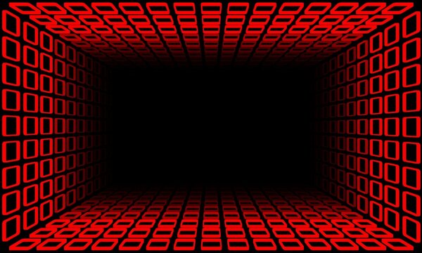 Infinite tunnel of red glowing squares on black background, 3D abstract perspective