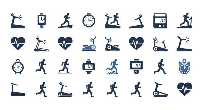 Fitness Icons Running Treadmill and Stopwatch for Health and Exercise