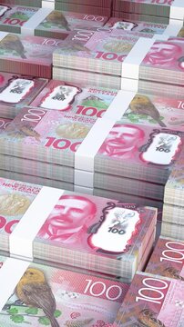 New Zealand 100 Dollar Banknotes Stack Vertical 3D Animation with Slow Camera Movement, NZD Currency Money HD Video for Mobile