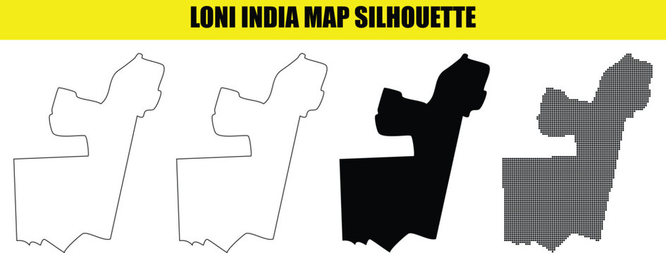 Loni city map silhouette set showcasing regional boundaries and outlined shapes in multiple artistic design styles.