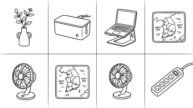 Kawaii style illustrations of fans and modern tech gadgets.