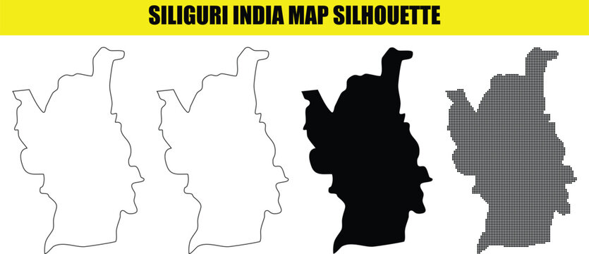 Siliguri india map silhouette set with solid black outline white and dotted styles on transparent background art.