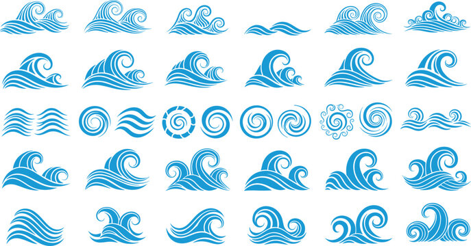 Large collection of blue ocean wave icons and stylized sea surf symbols for maritime branding summer beach vacations and water sports graphic design