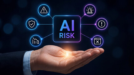 Naklejka premium AI Risk concept with glowing digital interface, artificial intelligence risk management, cybersecurity threats and technology vulnerability